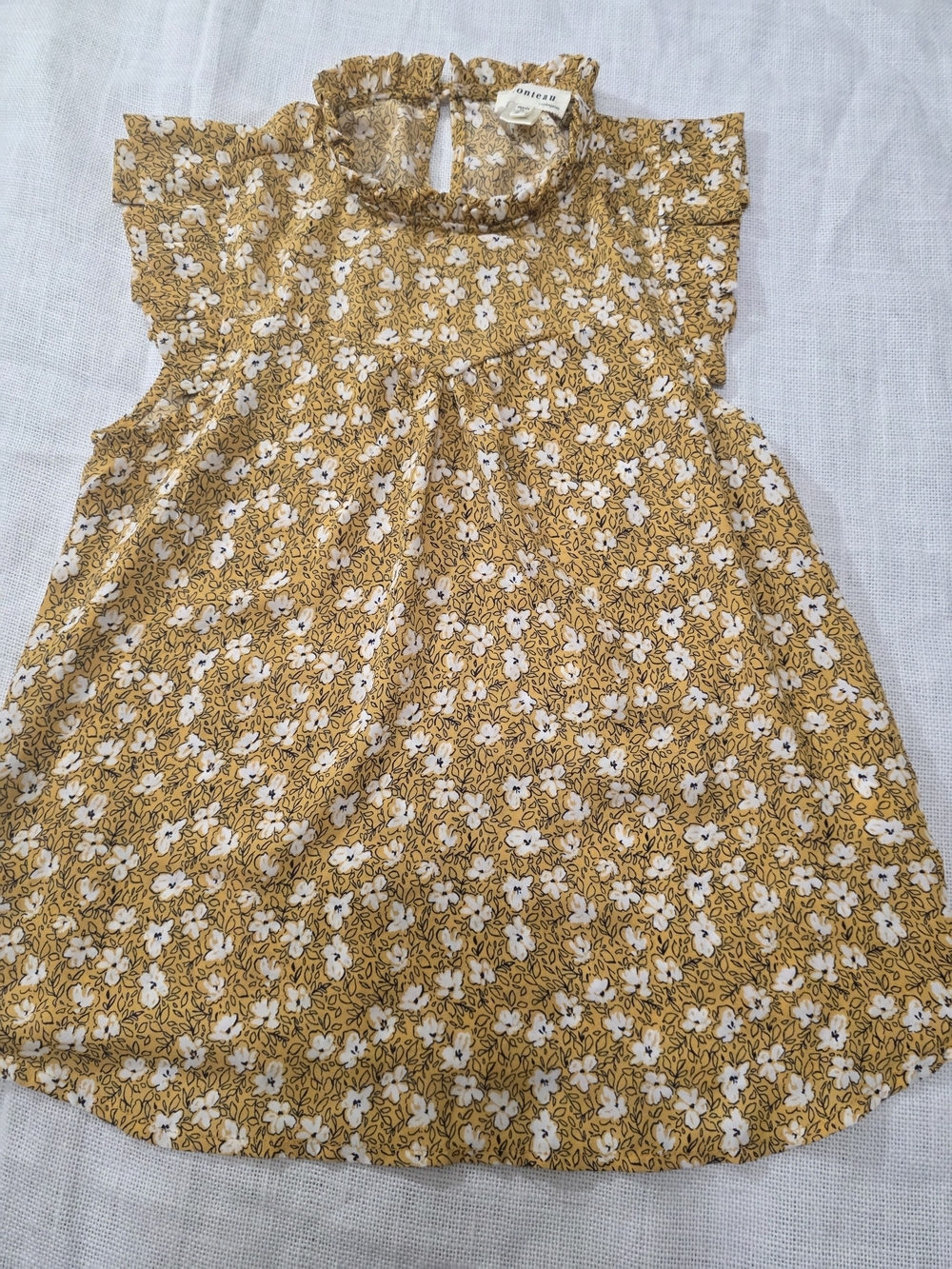 Monteau Size Small Mustard Floral Ruffle Flutter Sleeve Blouse - Picture 6 of 6